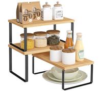 SONGMICS Rangements pour Placards de Cuisine, Lot de 3, Empilables | Étagères à Épices Extensibles, Acier et Bambou, Bambou clair et Noir mat, Collection BYSTRO KCS014YL03