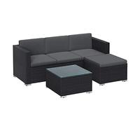 SONGMICS Salon de Jardin Extérieur, Ensemble de Mobilier, Surface Tressée en PE Tissé à la Main, Canapé d’Angle, avec Coussins, Dessus de Table en Verre, Noir et Gris GGF005B04