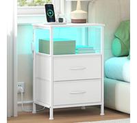 SONGMICS Table de Chevet, avec Multiprise, Éclairage LED Réglable | Table de Nuit, 1 Étagère Ouverte et 2 Tiroirs, Style Moderne, Blanc nuage et Blanc neige, Collection BELLAH LGS302WH03