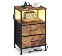 SONGMICS Table de Chevet, avec Multiprise, Éclairage LED Réglable | Table de Nuit,1 Étagère Ouverte et 2 Tiroirs, Style Moderne, Marron rustique et noir d'encre, Collection BELLAH LGS302KD01