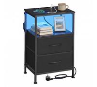 SONGMICS Table de Chevet, avec Multiprise, Éclairage LED Réglable | Table de Nuit, 1 Étagère Ouverte et 2 Tiroirs, Style Moderne, Noir d'encre et Noir boisé, Collection BELLAH LGS302BH02