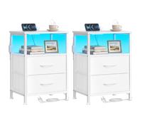 SONGMICS Table de Chevet Lot de 2, avec Multiprise, Éclairage LED Réglable | Table de Nuit, 1 Étagère Ouverte et 2 Tiroirs, Style Moderne, Blanc nuage, Collection BELLAH LGS202W102