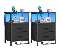 SONGMICS Table de Chevet Lot de 2, avec Multiprise, Éclairage LED Réglable | Table de Nuit, 1 Étagère Ouverte et 2 Tiroirs, Style Moderne, Noir d'encre, Collection BELLAH LGS202B102