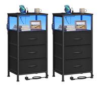 SONGMICS Table de Chevet Lot de 2, avec Multiprise, Éclairage LED Réglable | TaTable de Nuit, 1 Étagère Ouverte et 3 Tiroirs, Style Moderne, Noir d'encre, Collection BELLAH LGS203B102