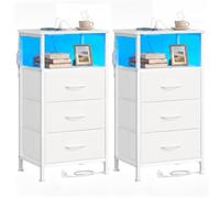 SONGMICS Table de Chevet Lot de 2, avec Multiprise, Table d'Appoint avec Éclairage LED Réglable, Style Moderne, 1 Étagère Ouverte et 3 Tiroirs, Blanc Nuage, BELLAH Collection LGS203W102