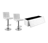 SONGMICS Tabouret de Bar, Lot de 2, Chaise, Revêtement en PU, Rotatif sur 360°, avec Dossier et Repose-Pieds & 110 x 38 x 38 cm Grand Pouf Coffre de Rangement Pliable Chargement Max. de 300 kg Blanc