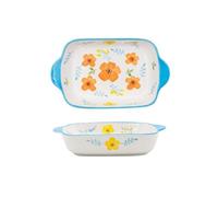 SONGYL-20249 Plat à cocotte Plat de cuisson riz cuit au fromage, rectangulaire en céramique, fleurs peintes à la main, four micro-ondes domestique, bol spécial Plaques de four(Blue)