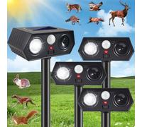 Sonic Fortress Pro Lot de 4 répulsifs solaires à ultrasons pour animaux d'extérieur avec détecteur de mouvement et lampes de poche LED pour jardin