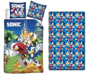 Sonic Parure Lit 3 Pièces 140x200 + Taie 63x63 + Drap 90x190 Knuckles Tails | Housse de couette + drap-housse 90x190 | Microfibre séchage rapide | SEGA officiel | Enfant & ado | Cadeau | Idée cadeau