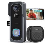Sonnette de porte vidéo WLAN 3MP Doorbell caméra extérieure, 2,4/5 GHz WiFi, détection de personnes, avec Chime, vue grand angle 166°, gris, carte mémoire 64GB