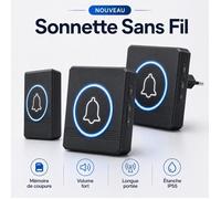 Sonnette Sans Fil Exterieur Etanche,Portée 300M, 60 Mélodies, 5 Volumes, Flash LED, 1 Émetteur et 2 Récepteurs Enfichables