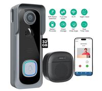 sonnette Vidéo 2K avec Caméra Sans Fil, IP66 Etanche, Intelligent AI Détection de Mouvement, Vision Nocturne, 32GB