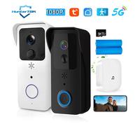 Sonnette vidéo WiFi 5G 2.4G 1080P Tuya, interphone intelligent d'extérieur sans fil, caméra sans fil étanche, sonnerie Black with 64G SD
