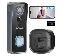 Sonnette Wi-Fi ieGeek 5 MP avec caméra sans fil, sonnette vidéo rechargeable, détection AI/radar/PIR, Wi-Fi 2,4 GHz, vision nocturne, audio bidirectionnel, avec gong, 64 Go