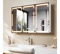 SONNI 90 x 60 cm Armoire miroir de salle de bain avec éclairage et prise, étanche IP44 et adaptée aux pièces humides, 3 portes, intensité variable, anti-buée, charnière sans fil