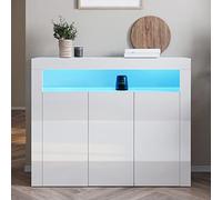 SONNI Buffet blanc brillant pour salon, commode LED (12 couleurs au choix), meuble de salon, armoire sur pied, l 116 x h 93 x p 35 cm