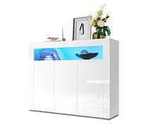 SONNI Commode blanche brillante avec éclairage LED - Buffet blanc avec 3 portes - Largeur : 120 cm