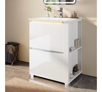 SONNI Ensemble de meubles de salle de bain avec lavabo de 60 cm, sur pied avec 2 tiroirs, avec lavabo en céramique, barre lumineuse LED, compartiment ouvert, sans poignée, blanc brillant, meuble de