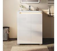 SONNI Ensemble de meubles de salle de bain avec meuble bas de 60 cm, sur pied, avec lavabo en céramique, barre lumineuse LED, compartiment ouvert, sans poignée, blanc brillant, meuble de salle de bain