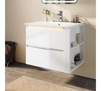 SONNI Ensemble de meubles de salle de bain avec meuble bas de 60 cm, suspendu avec 2 tiroirs, avec lavabo en céramique, barre lumineuse LED, compartiment ouvert, sans poignée, blanc brillant, meuble