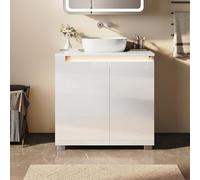 SONNI Ensemble de meubles de salle de bain, meuble bas de 60 cm, debout avec barre lumineuse LED, 2 portes, compartiment ouvert, sans poignée, blanc brillant, meuble de salle de bain, lavabo sans plan