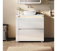 SONNI Ensemble de meubles de salle de bain, meuble bas de 60 cm, debout avec barre lumineuse LED, 2 tiroirs, compartiment ouvert, sans poignée, blanc brillant, meuble de salle de bain, 60 x 60 x 30 cm