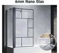 SONNI Panneau pour baignoire pliable noir 80x140cm NANO verre ESG 6mm Pare-douche pour baignoire-design grille, avec paroi latérale 70x140 cm