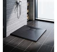 SONNI Receveur de douche de salle de bains 80x80 cm SMC carré extra-plat noir aspect pierre y compris garniture d'écoulement
