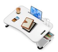 Soontrans Plateau de Lit, 60 x 40 x 28 cm, Table de lit avec Porte Gobelet, Tablette Support, Tiroir, Poignée, Support Ordinateur Portable Lit pour Lit, Canapé, Sol, étude, Travail, Pliable(Blanc)