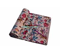 Sophia-Art Twin/King Bed Bohemian Bird Queen Couvre-lit Fait à la Main à la Main Couette Kantha Oiseau Impression Couverture Unique Couverture literie Couette (Beige, Twin 60 * 90 inches)