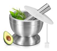 Sopito Mortier Pilon Cuisine 250ml Acier Inox 18/8 Alimentaire Antidérapant | pour Ail, Epices et Médecine,Socle Antidérapant Stable, Pilon Broie Épices. Couvercle Silicone Anti-Proj, Brosse Fournie.