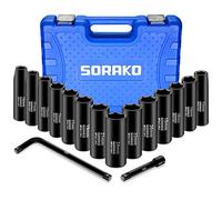 SORAKO Douilles à Choc 1/2", 16 Pièces Coffret Douille Longue à Chocs 6 Pans de 10-24 mm Métriques, 2 Pièces Tige d'extension pour Perceuse Visseuse, Douilles et Coffrets, avec Boîte de Rangement