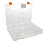 Perel Boîte d’assortiment, boîte de rangement en plastique, 21 compartiments fixes, entièrement transparente, empilable, grand format, pour vis écrous clous, petites pièces, atelier et loisirs