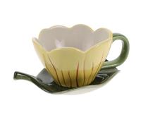 Sosoport Tasse Tulipe Jaune 320ml en Céramique Peinte à Main | Soucoupe Feuille Assortie, Lavable au Lave-vaisselle, Poignée Ergonomique, Usage Maison et Fêtes Spéciales