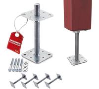 SOTECH Kit de 4 supports de poteau 110 x 110 x 250 mm Filetage M24 Acier galvanisé à chaud Support réglable en hauteur Pied de poteau à visser Résistant aux intempéries