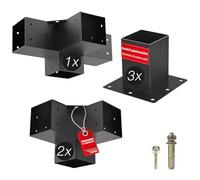 SOTECH SET de montage 6 pièces (2x raccords d'angle + 1x raccord central + 3x douilles au sol) carré 90 x 90 mm acier zingué et revêtu par poudre noir pour une protection maximale contre la corrosion