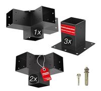 SOTECH SET de montage 6 pièces (2x raccords d'angle + 1x raccord central + 3x douilles de sol) carré 100 x 100 mm acier zingué et revêtu par poudre noir pour une protection maximale contre la