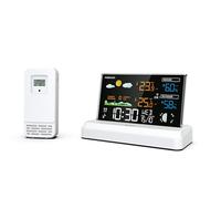 SOUCCESS Station météo radio « Deluxe » blanche - Station météo colorée avec radio, données météo, capteur extérieur, phase lunaire, température, pression atmosphérique, bloc d'alimentation (blanc)