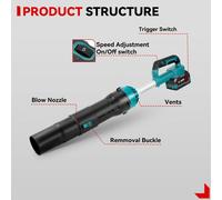 Souffleur turbo électrique - Souffleur à feuilles sans fil - Moteur sans balais - 8000 W - 400 m/s - Haute pression - 1 batterie