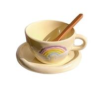 Soulnioi Tasse à café en céramique, ensemble tasse à cappuccino et soucoupe arc-en-ciel mignon, 250 ml, tasse à café à l'avoine, tasse créative pour le thé et le lait, pour cadeau, jaune