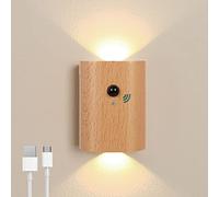SOUNAY Applique Murale Sans Fil Rechargeable, Détecteur 120°, 3000K | Lampe Murale Batterie Bois, 3 Modes Permanent/Auto/Arrêt, Extinction Après 15 S, Fixation 3M Sans Perçage