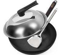 Souped Up Recipes Wok en acier carbone de 31,8 cm pour cuisinières électriques, à induction et à gaz (couvercle, spatule et guide d'utilisation vidéo inclus)