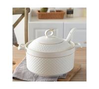 Soupière à soupe en porcelaine avec couvercle et cuillère - Bol de service à double poignée, design bord doré, passe au micro-ondes et au lave-vaisselle, idéal pour servir la cuisine