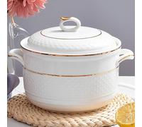 Soupière à soupe en porcelaine avec couvercle et cuillère, grand bol de service rond pour cuisine et restaurant, passe au micro-ondes et au lave-vaisselle, idéal pour la cuisine et la décoration à la
