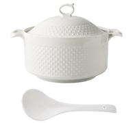 Soupière Porcelaine avec Couvercle et Louche, Double Anse | Soupière classique en porcelaine à double anse avec couvercle et louche. Bol de service pour restaurant(6.5QT)