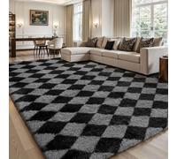 Sour Lemon Tapis à carreaux à poils longs, tapis pour salon, antidérapant, lavable, extra grand, moelleux, tapis à poils longs pour chambre à coucher, chambre d'enfant, couleur : noir et gris