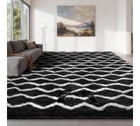 Sour Lemon Tapis De Salon Poils Longs Grand Tapis de Sol Doux et Moelleux pour Chambre Design Moderne Dessous Antidérapant Lavable, Tapis Rayé Noir et Blanc, 160x230 cm