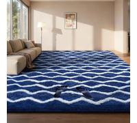 Sour Lemon Tapis De Salon Poils Longs Grand Tapis de Sol Doux et Moelleux pour Chambre Design Moderne Dessous Antidérapant Lavable, Tapis Rayé Bleu Marine et Blanc, 120x160 cm