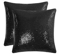 sourcing map 2pcs Housse de Coussin Taies d'oreiller Décoratif Sequin Étincelant Agreable Satin pour Fête Noël Thanksgiving Nouveau Année 16x16 Noir