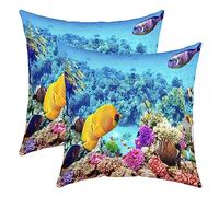 sous l'eau Taie Oreiller Doux Coloré Mer Poisson Taies d'oreiller 50X50Cm pour Enfants Décor Mer Merlit Coraux Décoratif Lot De 2 Housse De Coussin Deep Housse Coussins Marine